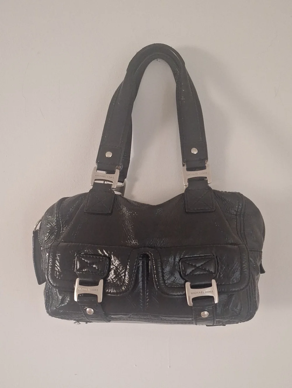 Michael Kors Black Patent Leather Shoulder Bag with Silver Hardware